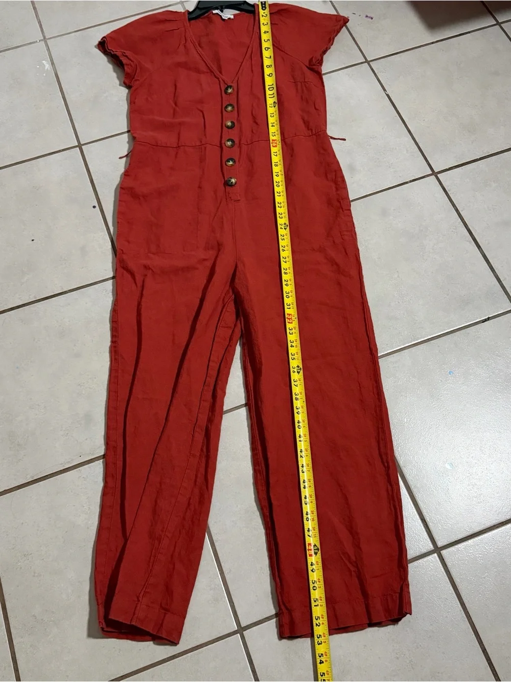Madewell Women Linen-Cotton Button Front Pleat Sleeve Jumpsuit Orange/Red size 0
